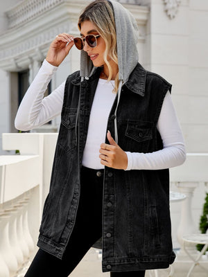 Drawstring Hooded Sleeveless Denim Jacket with Pockets (S-XL)
