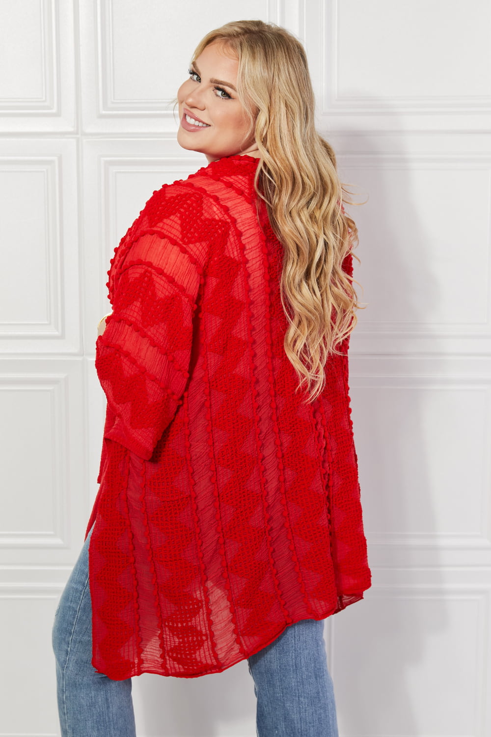 Red Pom-Pom Asymmetrical Kimono Cardigan