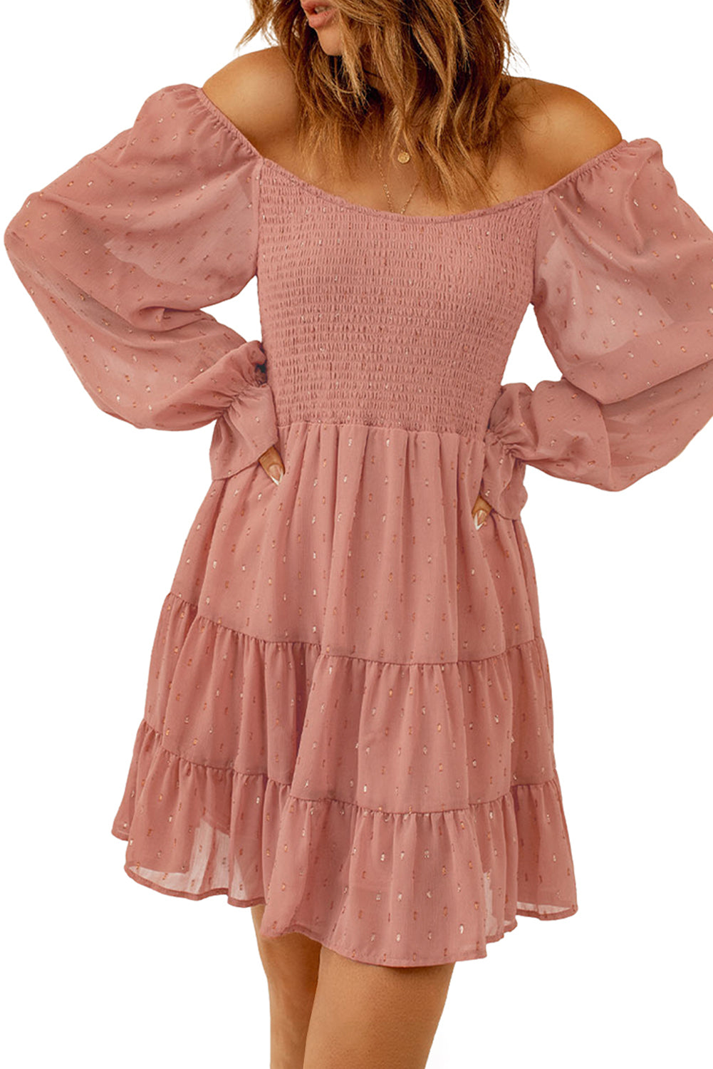 Smocked Long Flounce Sleeve Tiered Dress (S-XL)