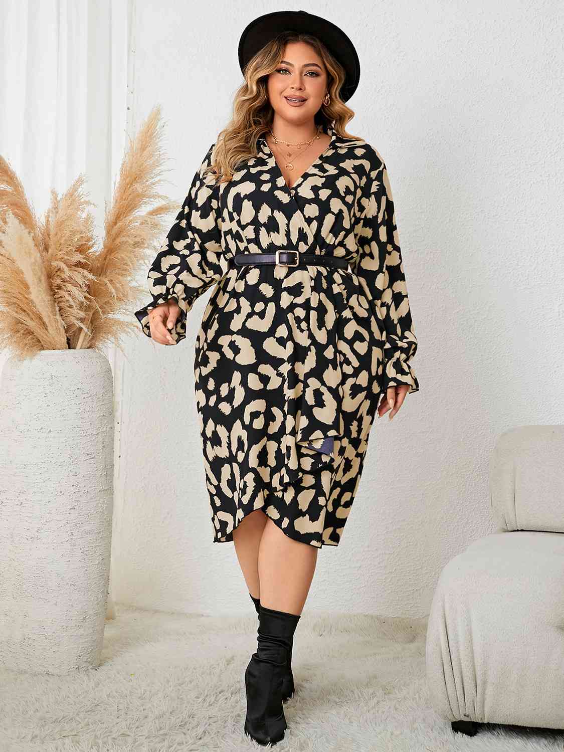 Plus Size Leopard Surplice Neck Flounce Sleeve Dress (XL-4XL)