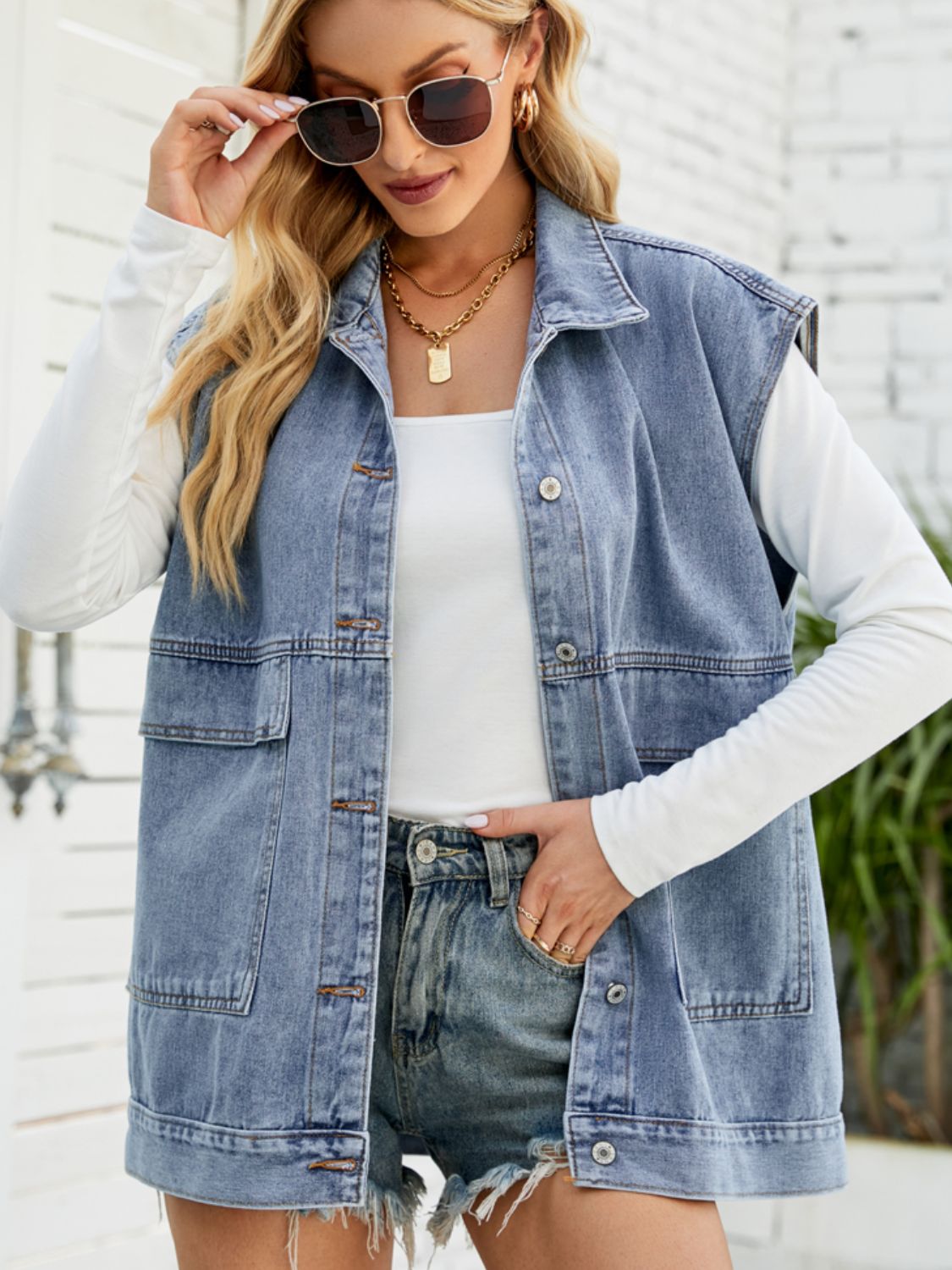 Collared Neck Sleeveless Denim Top with Pockets (S-XL)