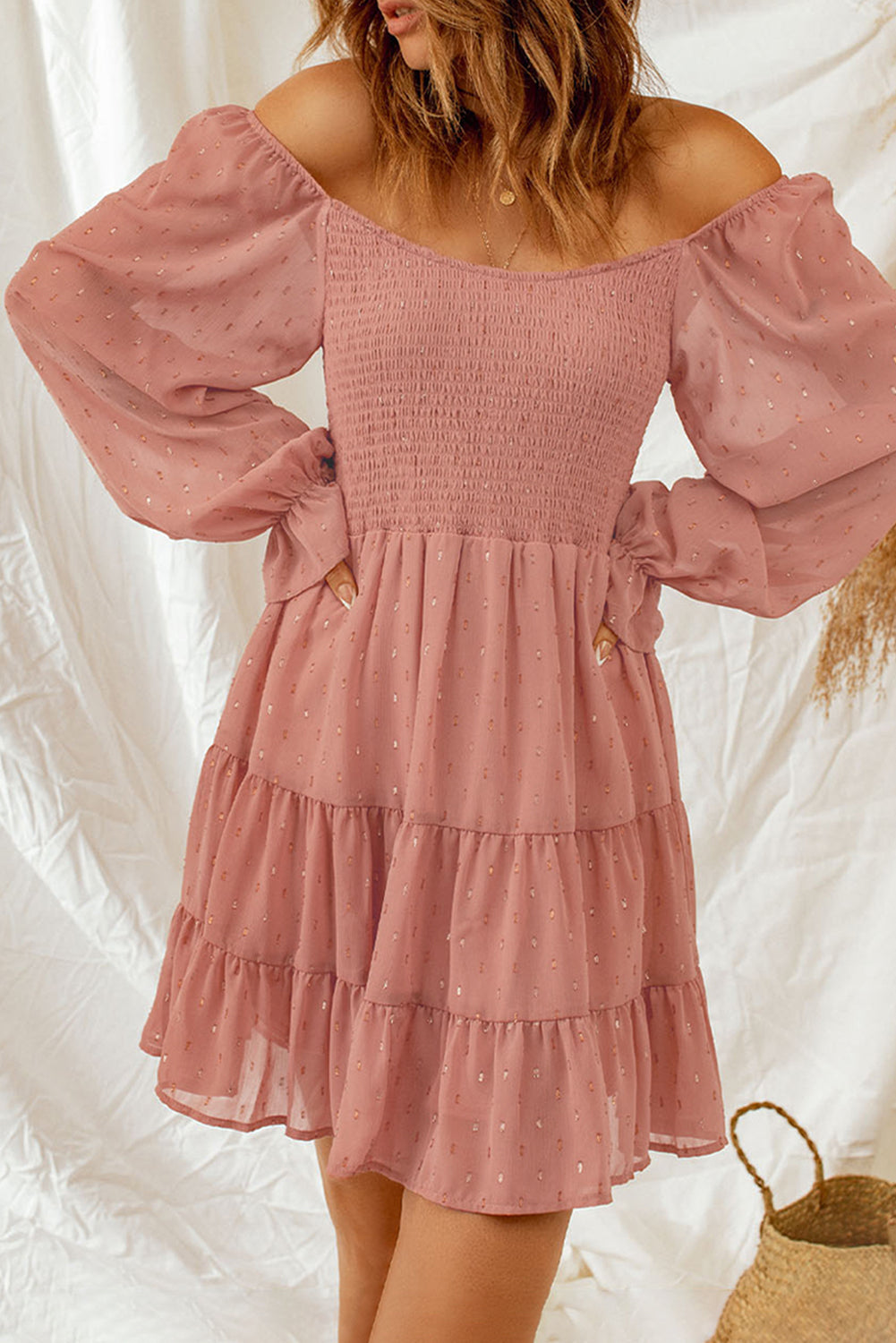 Smocked Long Flounce Sleeve Tiered Dress (S-XL)