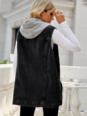 Drawstring Hooded Sleeveless Denim Jacket with Pockets (S-XL)