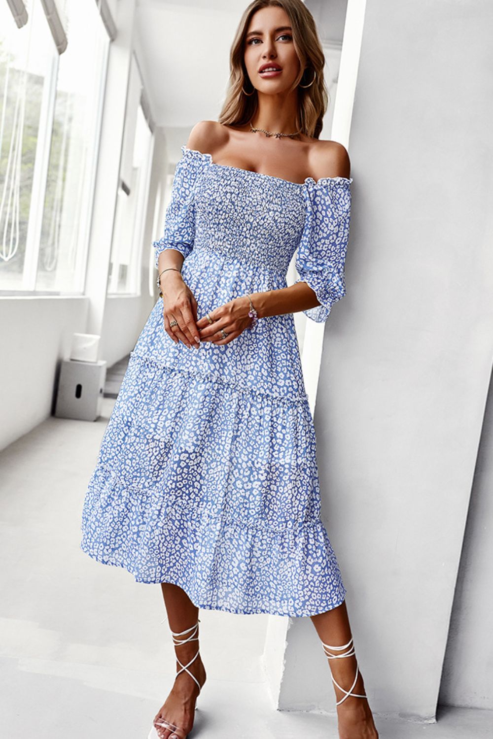 Floral Off-Shoulder Smocked Midi Dress (S-XL)