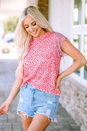 Pink Leopard Print Lace Short Sleeve Blouse (S-XL)