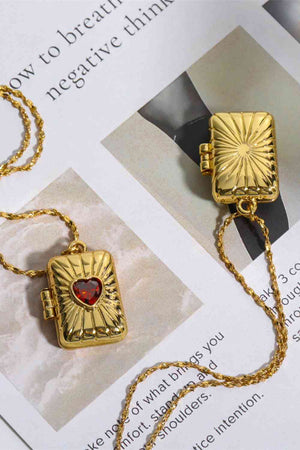 Heart Zircon Box Pendant Copper Locket Necklace