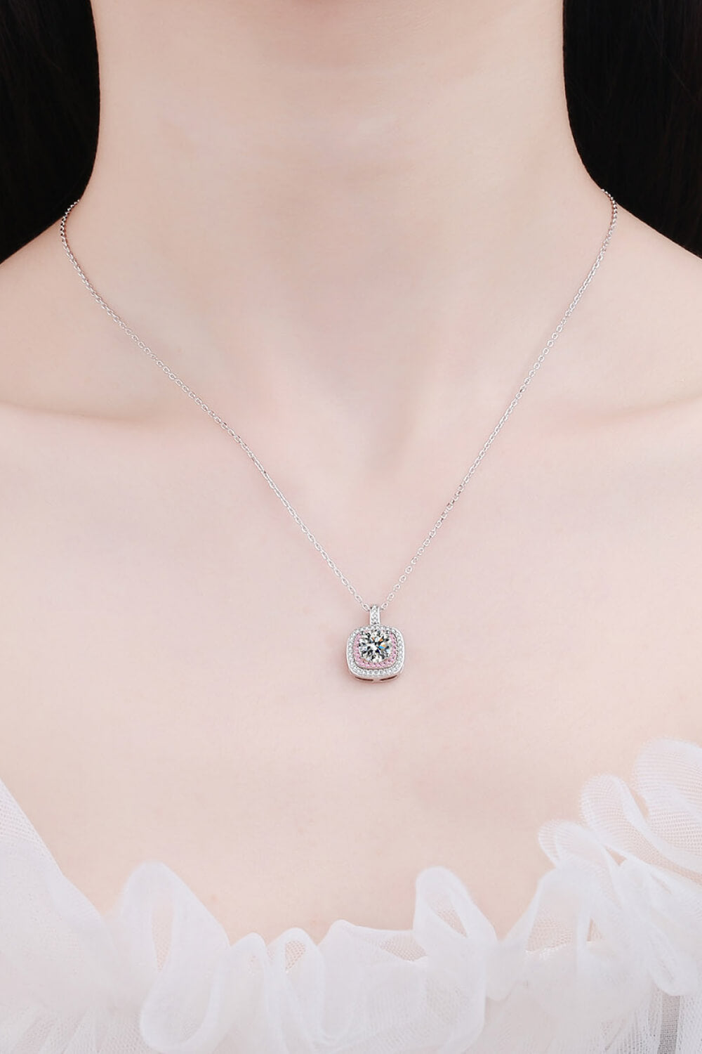Silver/Pink Moissanite Geometric Pendant Necklace