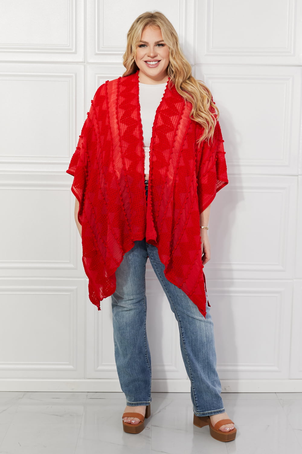 Red Pom-Pom Asymmetrical Kimono Cardigan