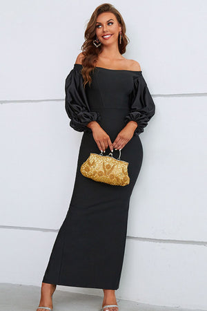 Black Off-Shoulder Bubble Sleeve Slit Dress (S-L)