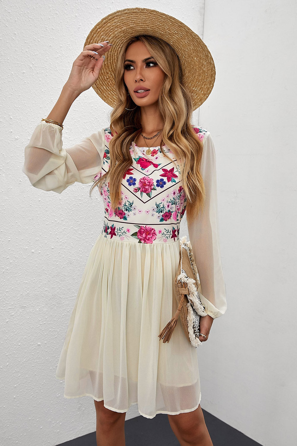 Floral Mesh Sleeve Lined Dress (S-XL)
