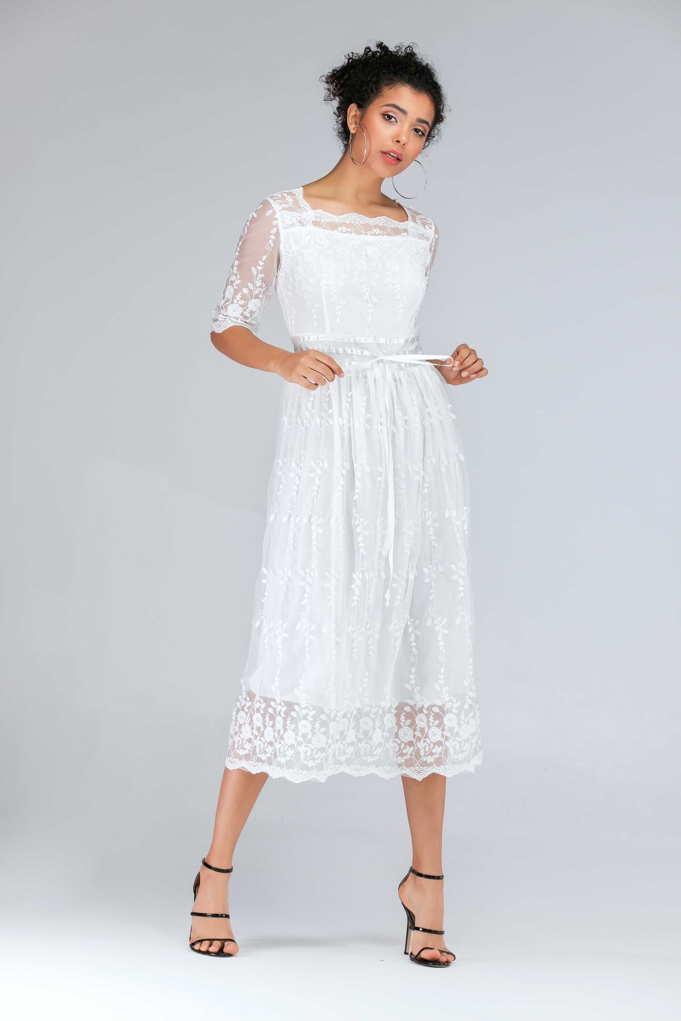 Scalloped Lace Half Sleeve Midi Dress (S-XL)