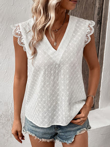 White V-Neck Cap Sleeve Spliced Lace Top (S-XL)