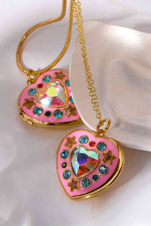 Rhinestone Decor Heart Box Pendant Locket Necklace