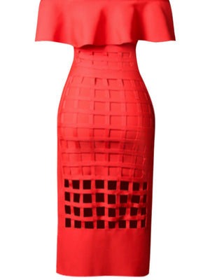 Layered Off-Shoulder Cutout Slit Midi Dress (S-L)