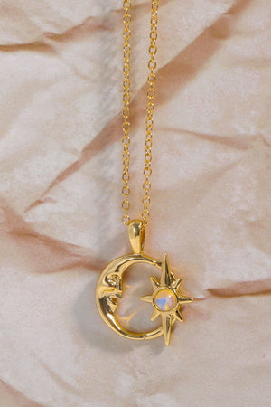 Copper 14K Gold Pleated Moon & Star Shape Pendant Necklace