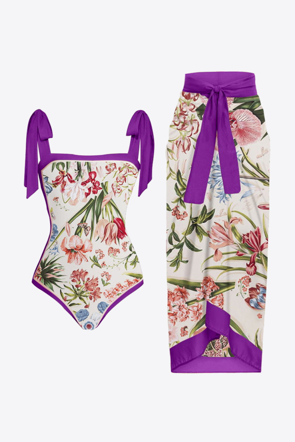 Violet Floral Tie Shoulder Two-Piece Swim Set (S-2XL)