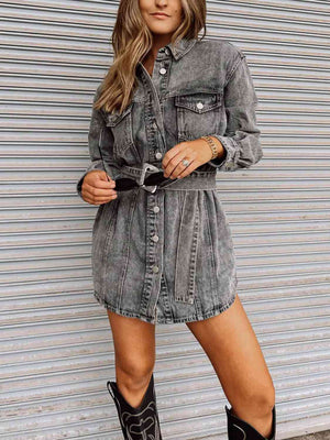 Long Sleeve Collared Denim Dress (S-XL)