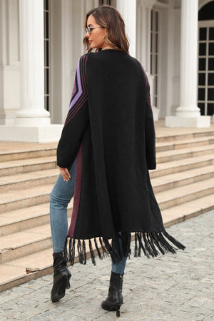 Geometric Fringe Hem Open Front Duster Cardigan (S-XL)