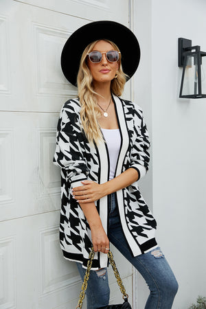Houndstooth Open Front Longline Cardigan (S-XL)