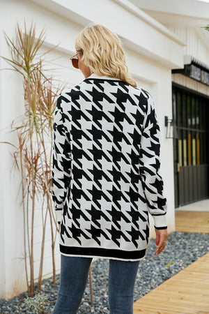 Houndstooth Open Front Longline Cardigan (S-XL)