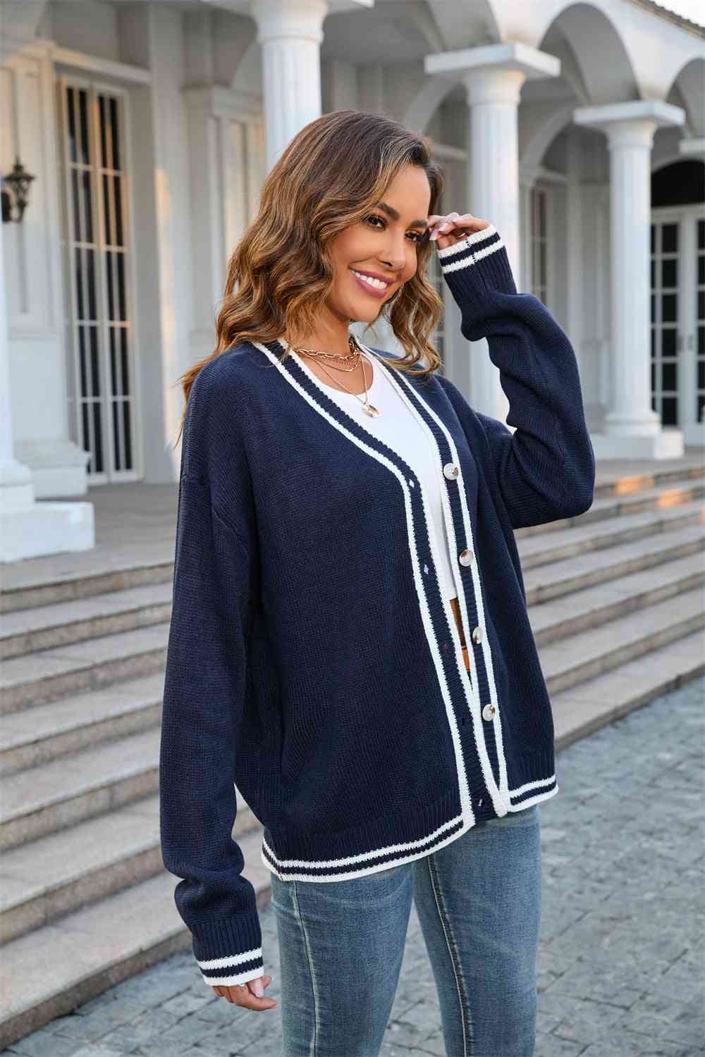 Buttoned V-Neck Long Sleeve Cardigan (S-XL)