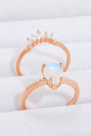 Natural Moonstone + Zircon 18K Rose Gold-Plated Two-Piece Ring Set