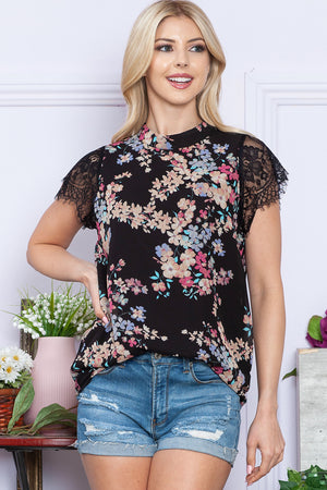 Floral Mock Neck Lace Short Sleeve Top (S-XL)
