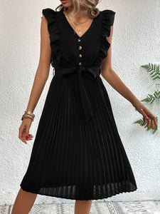 Black Buttoned Ruffle Trim Belted Pleated Dress (S-XL)