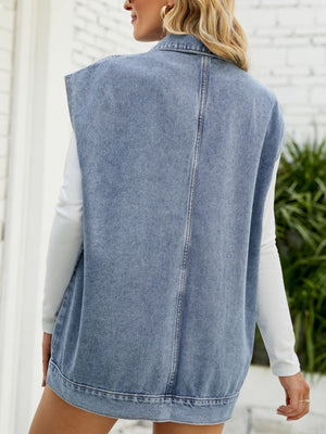 Collared Neck Sleeveless Denim Top with Pockets (S-XL)