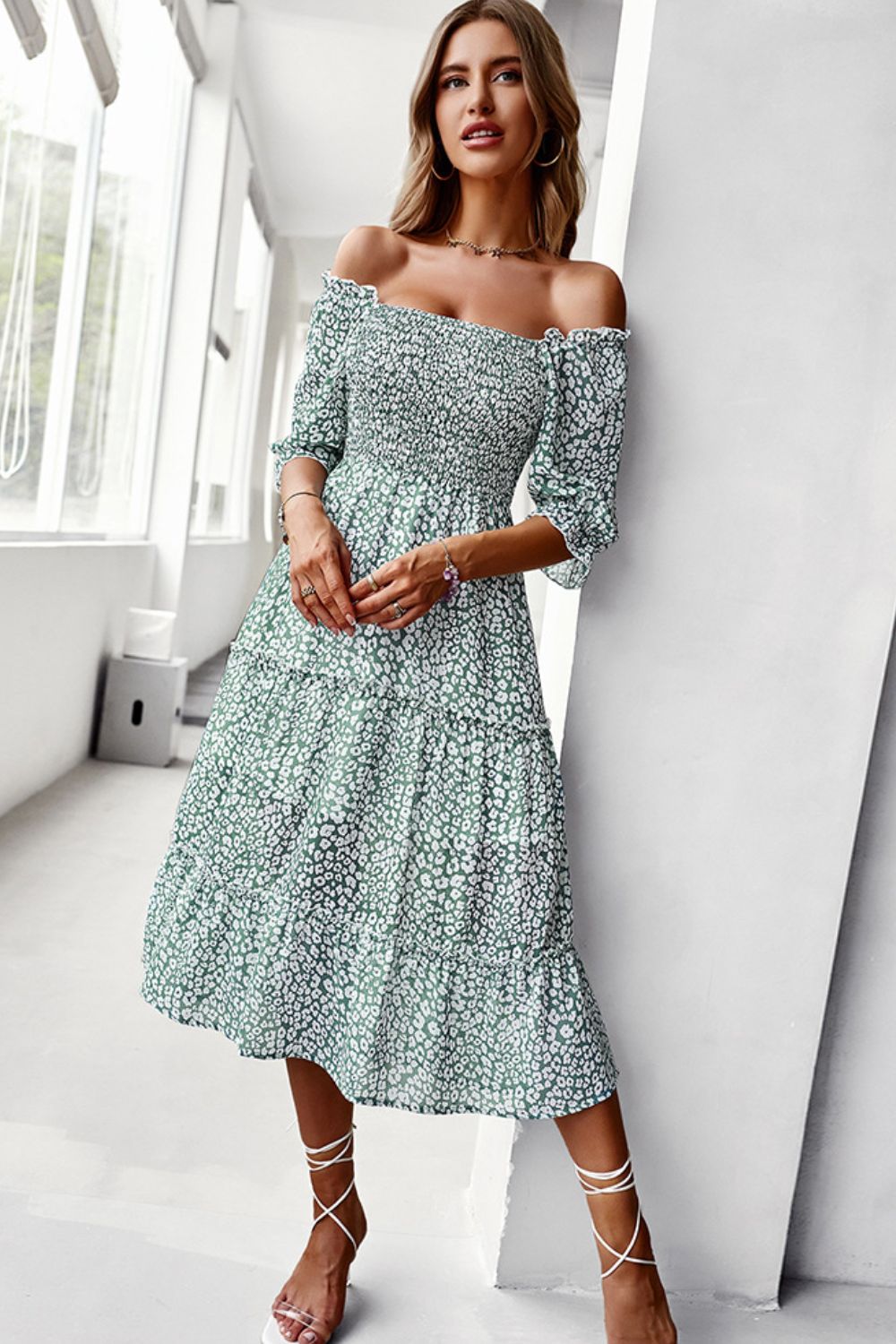 Floral Off-Shoulder Smocked Midi Dress (S-XL)